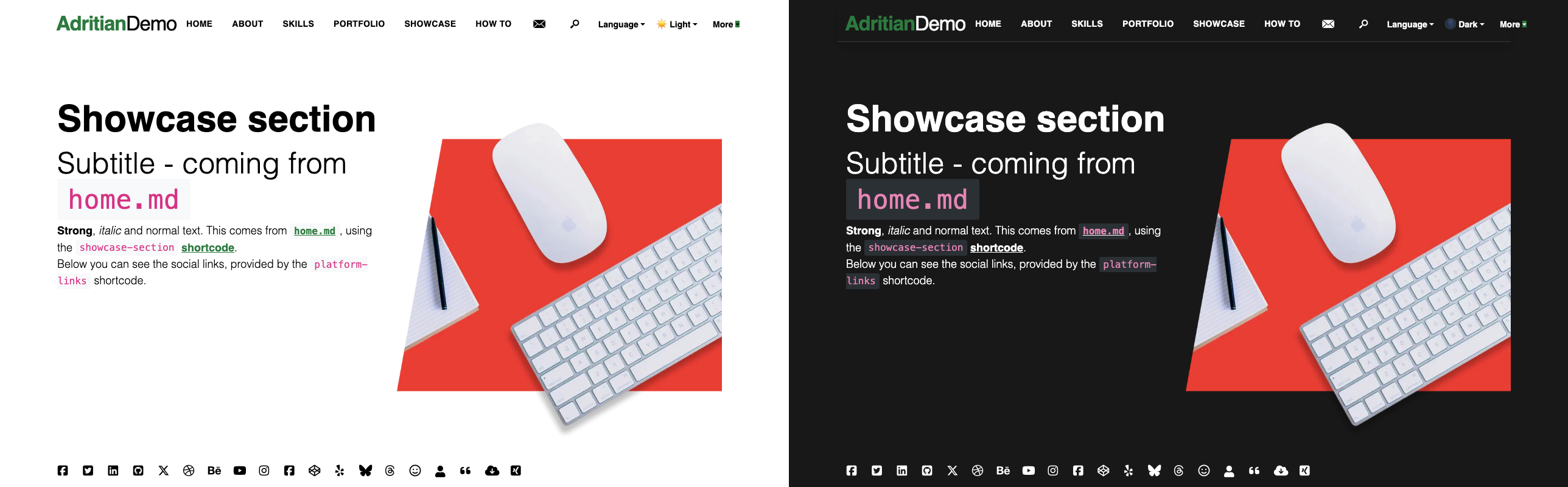 Forest color scheme — light mode (left) and dark mode (right)